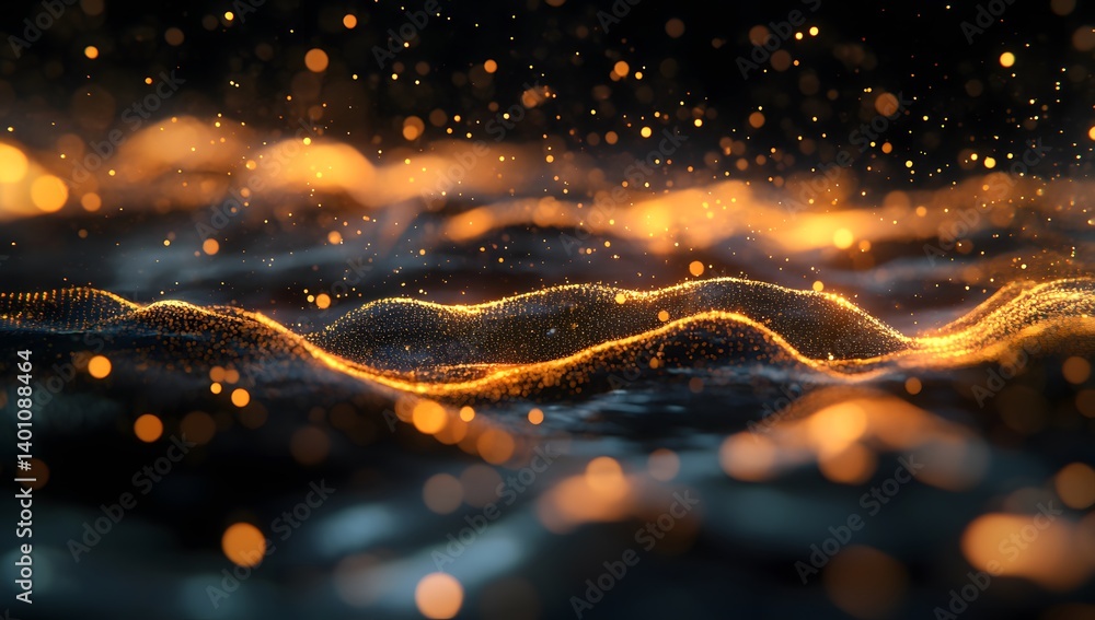 Poster a dynamic digital landscape of glowing data points and lines forming the shape of mountains, symboli