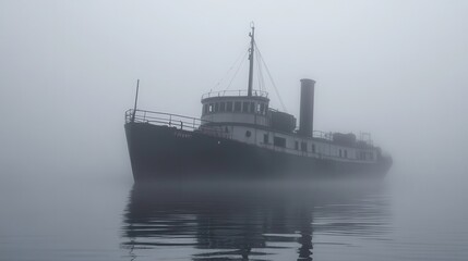 Fototapeta premium Foggy Harbor, Old Tugboat, Calm Waters, Mystery