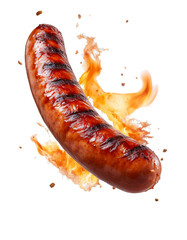 Grilled sausage with flames on transparent background