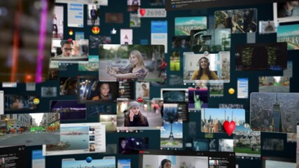 Dark Digital Background with Virtual Social Media Reality Interconnected . Visualization of Messenger Apps, Dating Profiles, Finance Wallet, Entertainment Viral Videos All Connected. - Powered by Adobe