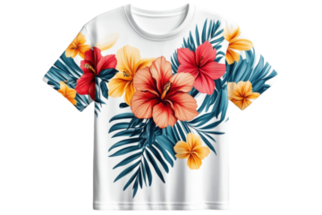 Vibrant Hibiscus Floral T shirt Design white cotton all over on transparent background
