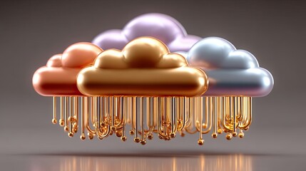 Cybersecurity awareness scenes for corporate training, Colorful 3D cloud design with golden accents. Cybersecurity awareness scenes, digital threat prevention