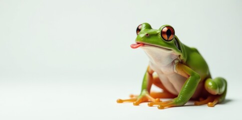 Obraz premium Frog sitting on a white panel with its tongue out, frogs, animal