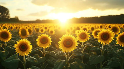 Obraz premium Sunflower field at sunset beautiful landscape yellow flowers background