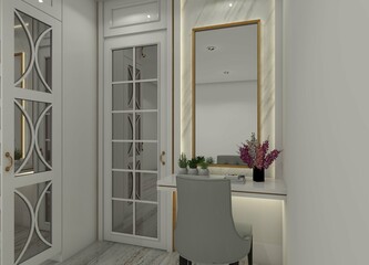 Minimalist yet luxurious 3D vanity table design with numerous ornaments and varied mirror options.