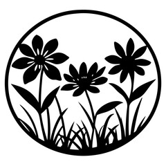 Simple Black and White Floral Design in a Circular Frame Botanical Illustration of Flowers and Grass