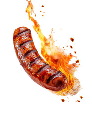 Grilled sausage with flames on transparent background
