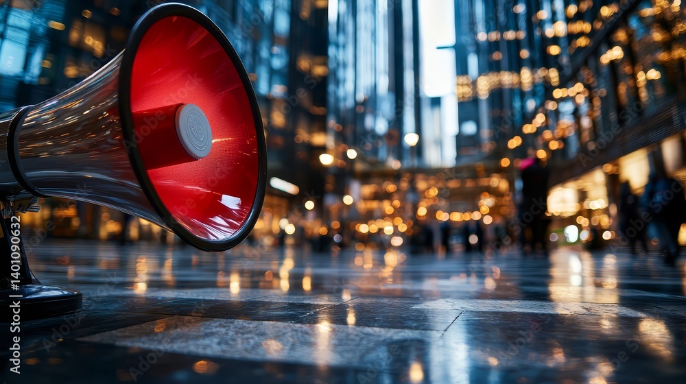 Poster large red and white megaphone is placed on the ground in front of a bustling city. the megaphone is 