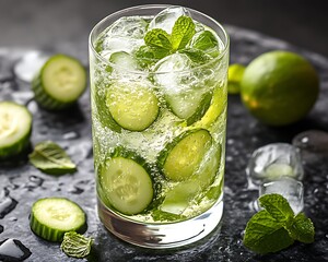 Refreshing cucumber lime mint drink with ice.