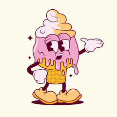 Colorful Ice Cream Logo in Waffle Cup. Vintage Style Dessert Vector Illustration