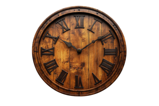 Rustic Wooden Wall Clock Roman Numerals Vintage Timepiece Dark on transparent background