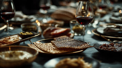Fototapeta premium Side view of a Passover table setting showcasing a traditional Seder plate, matzah, a glass of red wine, and symbolic foods such as bitter herbs, charoset.