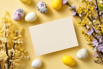 A festive arrangement of colorful Easter eggs and delicate spring blooms surrounds a blank card. Perfect for crafting personalized greetings and celebrating the joyous season.