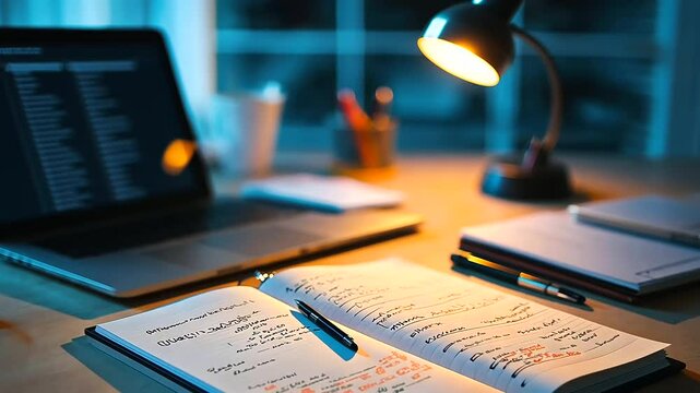An artistic shot of study essentials laid out on a desk, with a glowing desk lamp, handwritten revision notes with highlighted sections, and a focused atmosphere.