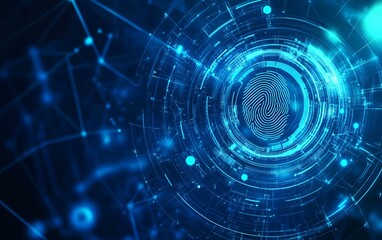 Digital fingerprint surrounded by glowing blue network connections abstract technology concept.