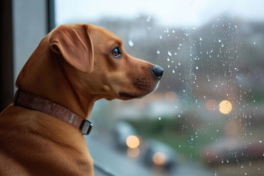 A frightened dog sits indoors watching heavy rain and lightning outside the window, capturing fear, loneliness, and storm anxiety in pets.
