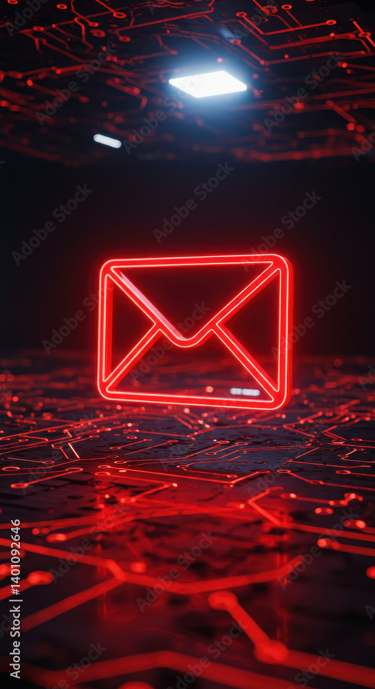 Poster cyber email: neon red mail icon on circuit board. digital communication, tech notification, electron