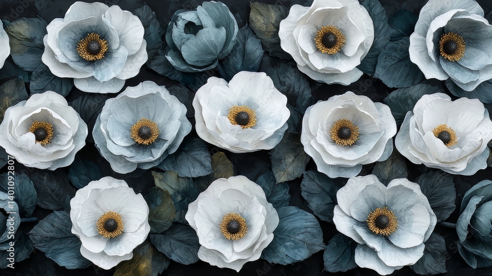 Poster row of white flowers with blue leaves. the flowers are arranged in a row and are of different sizes.