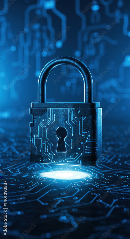 Poster cyber security lock: digital protection & data safety. secure your network with advanced encryption!