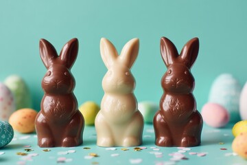 A trio of chocolate bunnies, standing tall against a colorful backdrop of pastel eggs. They symbolize the springtime delight and the spirit of Easter.