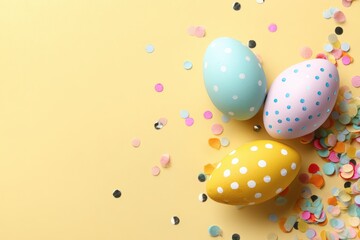 A vibrant composition of Easter eggs in pastel colors, each adorned with polka dots, is scattered alongside colorful confetti against a warm yellow backdrop.