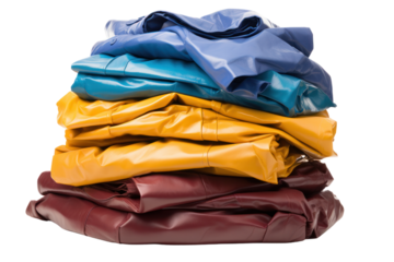 A pile of assorted raincoats in different colors and styles, Isolated on white background
