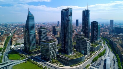 A high angle cityscape showcasing modern architecture and urban development