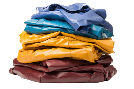 A pile of assorted raincoats in different colors and styles, Isolated on white background