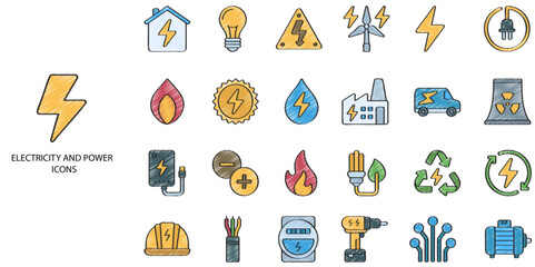 Fototapeta premium Electricity an Power simple concept 24 hand drawn color icons set. Contains such solar panel, square - composition, sustainable energy .Vector illustration.