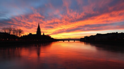 Fototapeta premium Fiery Sunset River Cityscape Silhouette