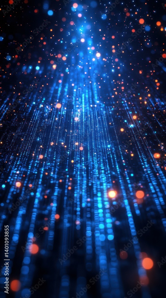 Poster bright blue particles illuminate a dark background in a mesmerizing abstract design showcasing depth