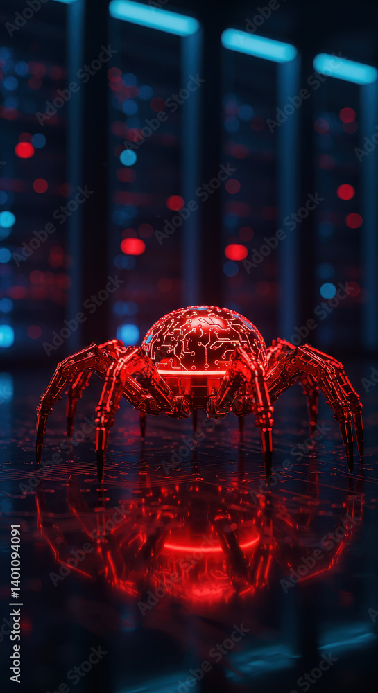 Poster cyber spider: red tech arachnid in data center - futuristic ai, robotics, digital security, and cutt