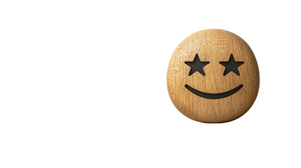 Wooden smiley face emoji with star eyes on a simple background