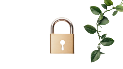 Golden Padlock on White Background with Green Leaves Accents