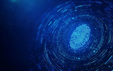Fototapeta premium Abstract blue fingerprint with digital network lines radiating outward against a dark background.