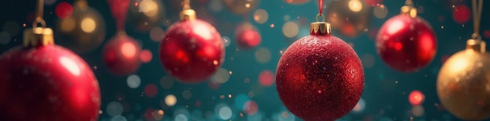 A cluster of large Christmas balls suspended in mid-air with metallic reflections, sparkly, spherical