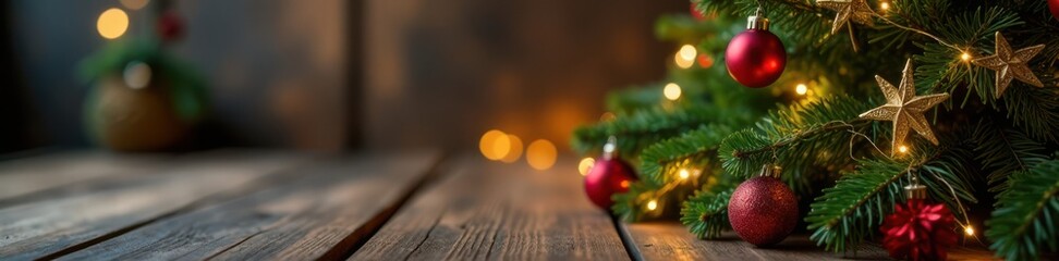 Christmas tree on wooden table with ornaments, lights and garlands, winter, decoration