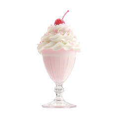 cherry day concept. Creamy pink dessert topped with whipped cream and cherry. isolated on white background