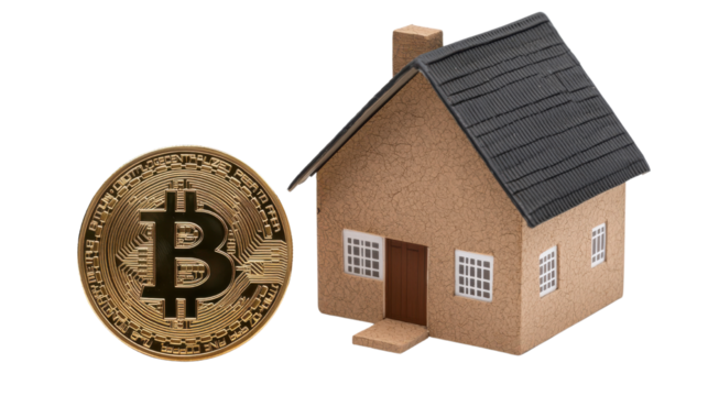 House Model Next to Bitcoin Coin Representing Real Estate Investment