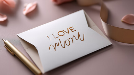 I LOVE MOM Text on Envelope with Flower Petals and Pen on Pastel Background