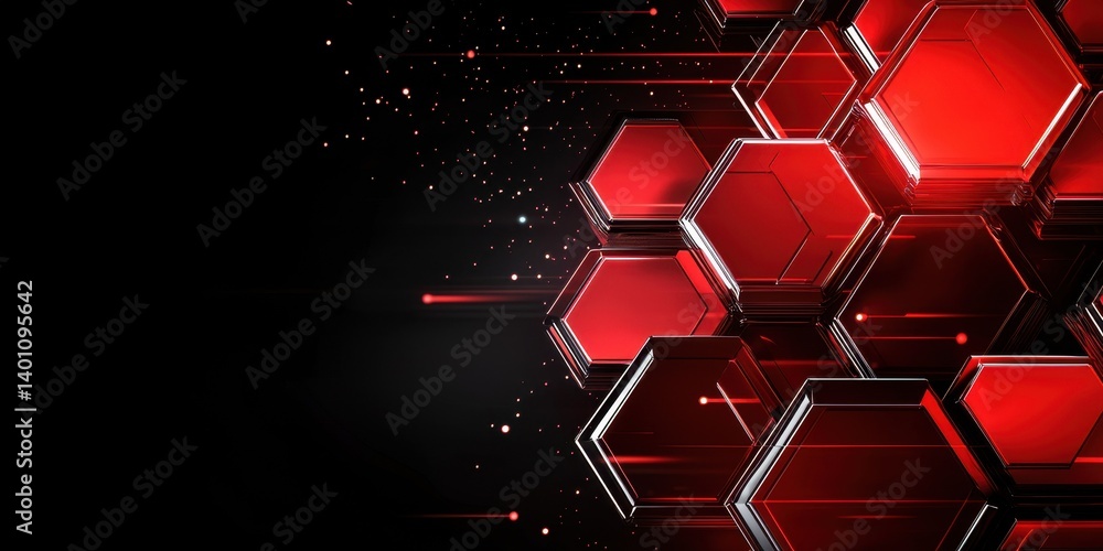 Poster abstract technology background with reflective red hexagons, lines of light, and shimmering particle