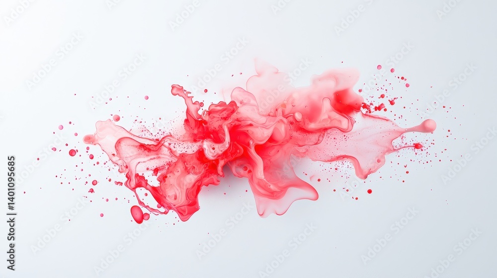 Poster dynamic splash of red liquid suspended in air, creating a vibrant abstract design with a white backd