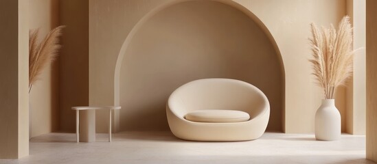 A minimalist interior setting featuring soft seating and natural textures