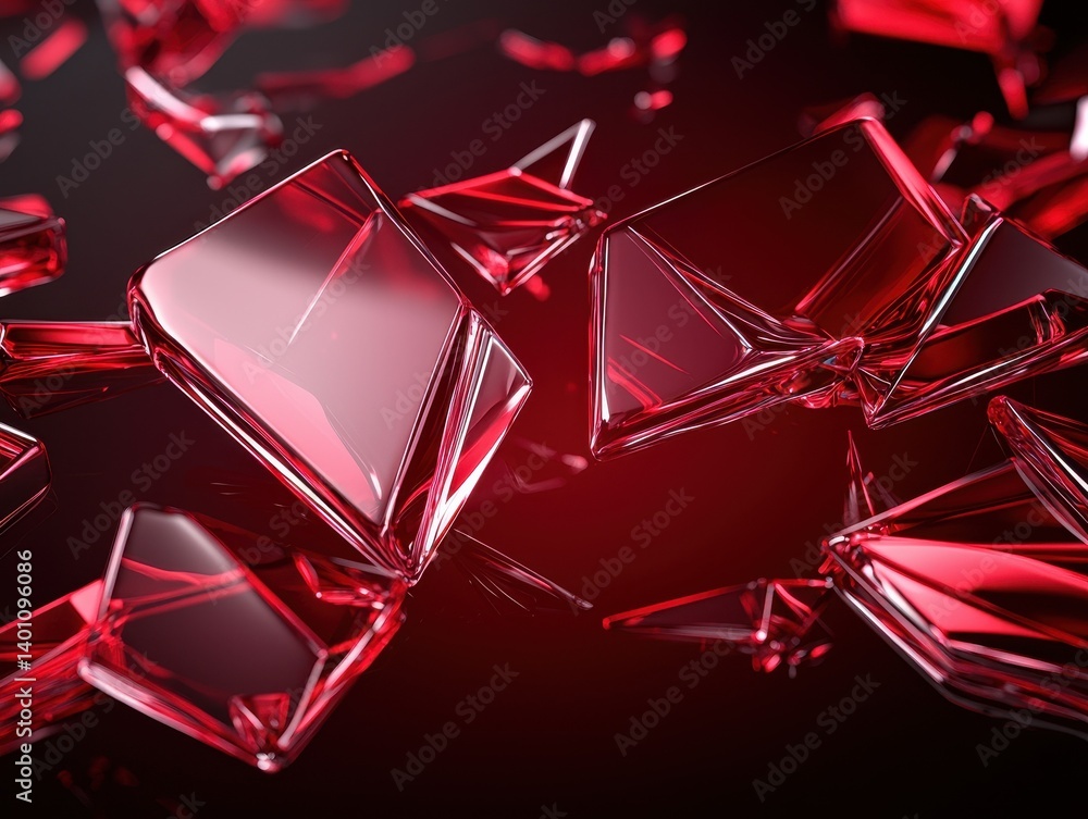 Poster abstract arrangement of translucent shapes in vibrant red with dynamic angles and reflective surface