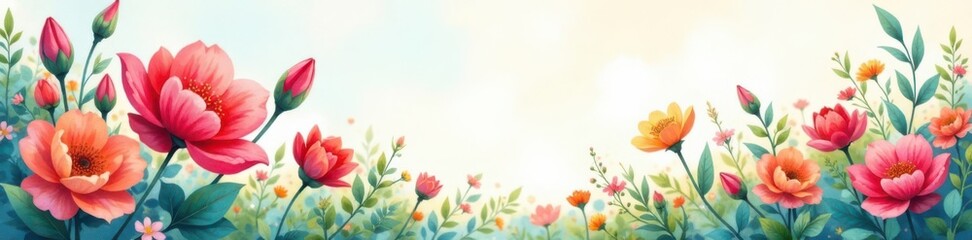 Watercolor painting of a blooming garden scene, blooms, serene