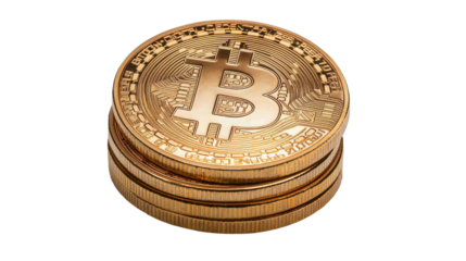 Golden Bitcoin Coins Stacked Against a Transparent Background