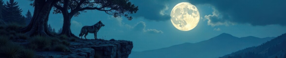 Ancient trees surround a lone gray wolf standing on a cliff edge during full moon , howlingwolf, forest