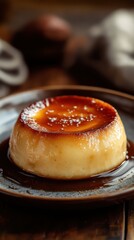 Delicious flan topped with caramel sauce served on a rustic plate in a cozy kitchen setting