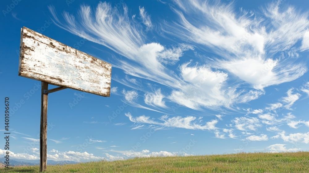 Poster sign is on a post in a field with a blue sky. the sky is filled with clouds, giving the image a peac