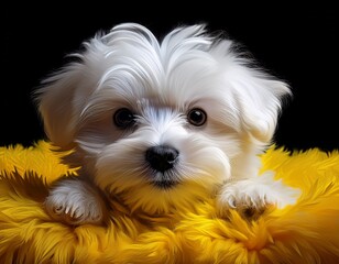 Niedlicher Malteser Welpe auf gelben Teppich, schwarzer Hintergrund